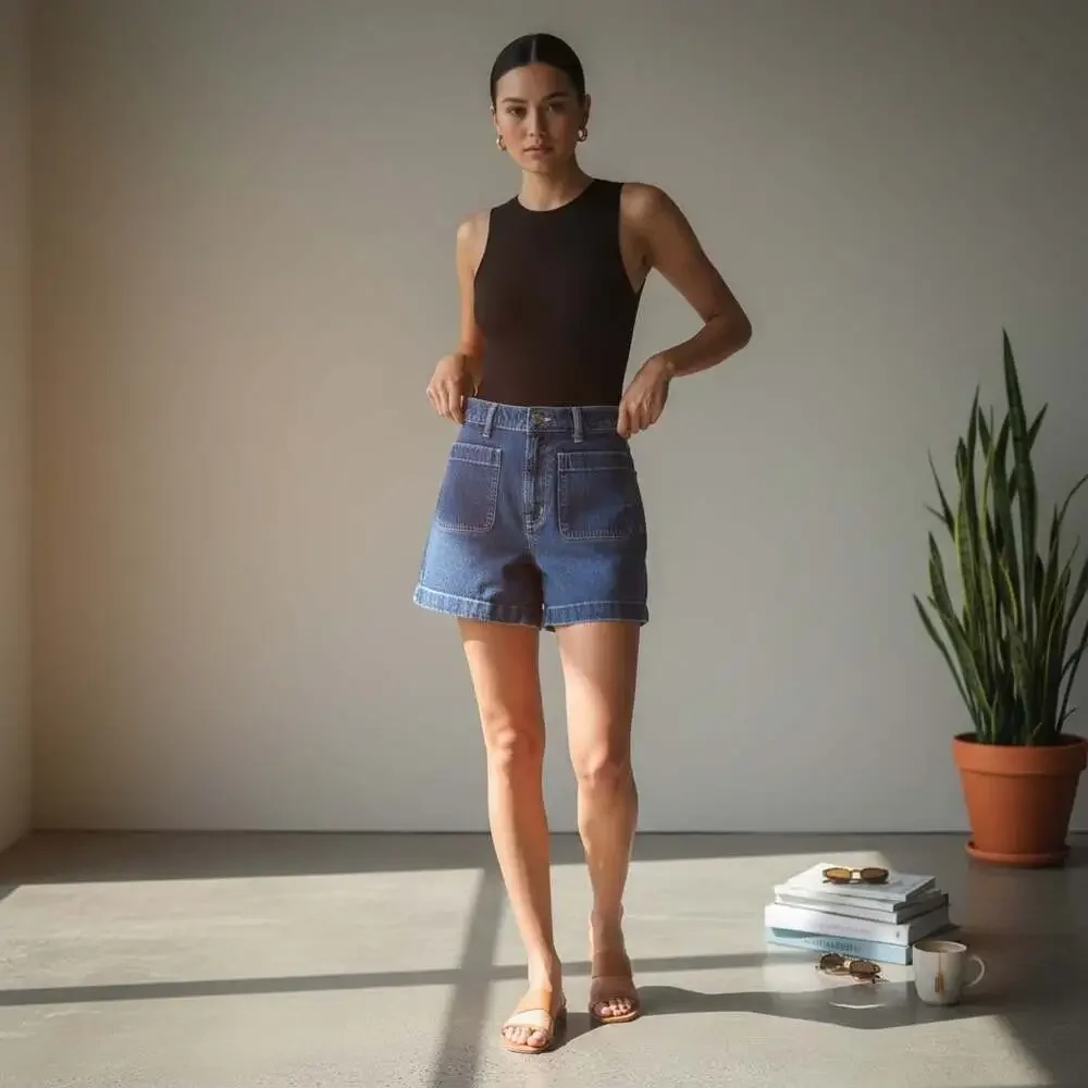Madewell High-Rise Sailor Short Women 25 XS Blue Denim Patch Pocket Cuffed